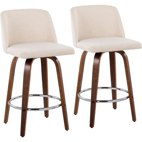 Toriano 26" Counter Stool in Cream Noise Fabric, Walnut Finish & Chrome (Set of 2)